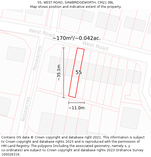 55, WEST ROAD, SAWBRIDGEWORTH, CM21 0BL: Plot and title map