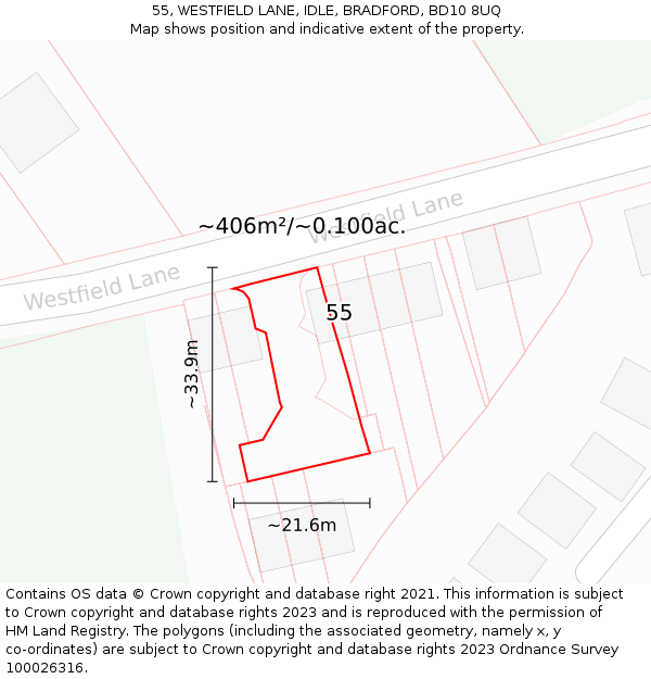55, WESTFIELD LANE, IDLE, BRADFORD, BD10 8UQ: Plot and title map