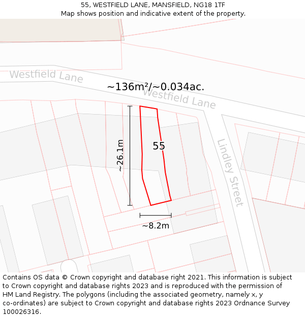 55, WESTFIELD LANE, MANSFIELD, NG18 1TF: Plot and title map
