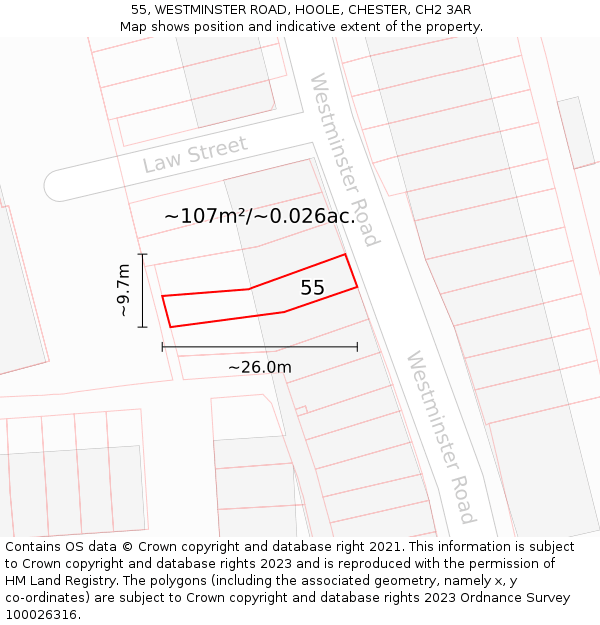 55, WESTMINSTER ROAD, HOOLE, CHESTER, CH2 3AR: Plot and title map