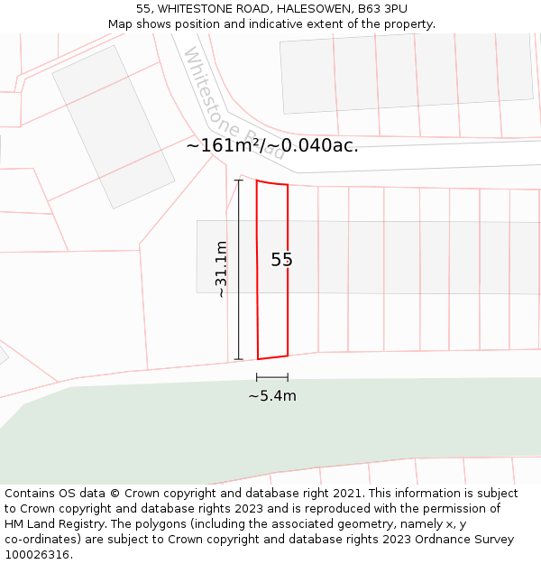 55, WHITESTONE ROAD, HALESOWEN, B63 3PU: Plot and title map