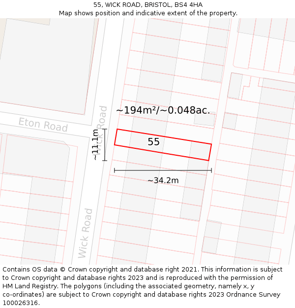 55, WICK ROAD, BRISTOL, BS4 4HA: Plot and title map