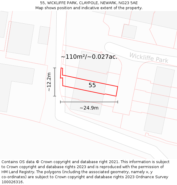 55, WICKLIFFE PARK, CLAYPOLE, NEWARK, NG23 5AE: Plot and title map