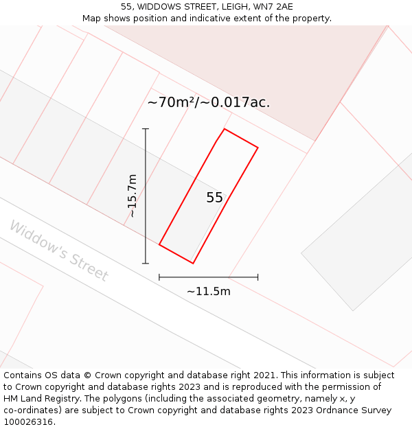 55, WIDDOWS STREET, LEIGH, WN7 2AE: Plot and title map