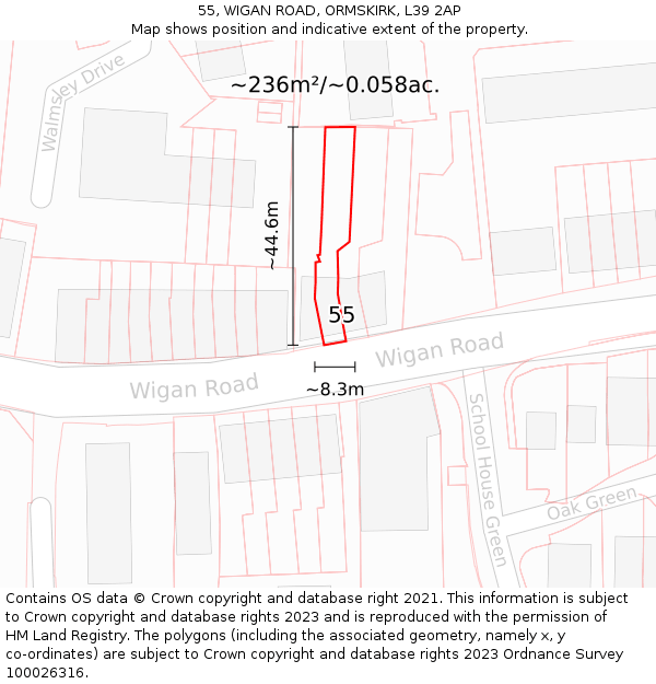 55, WIGAN ROAD, ORMSKIRK, L39 2AP: Plot and title map