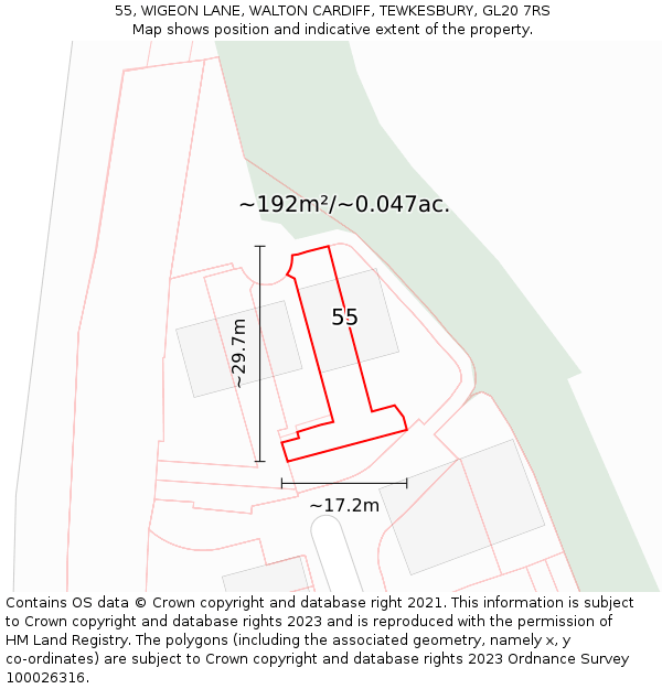 55, WIGEON LANE, WALTON CARDIFF, TEWKESBURY, GL20 7RS: Plot and title map