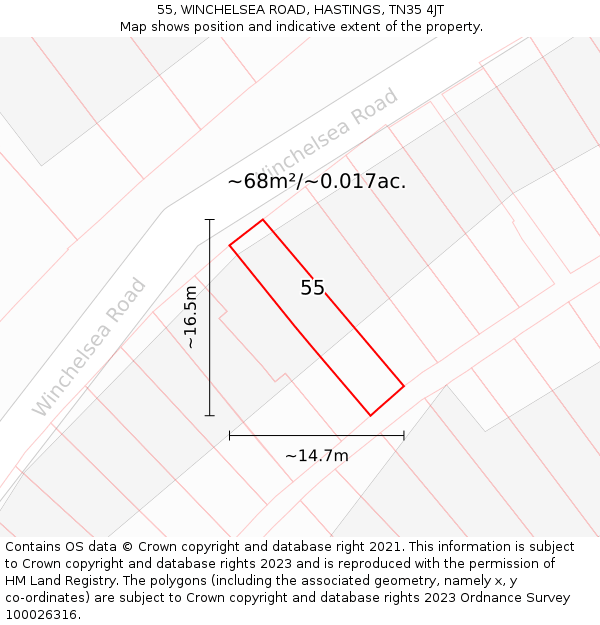 55, WINCHELSEA ROAD, HASTINGS, TN35 4JT: Plot and title map