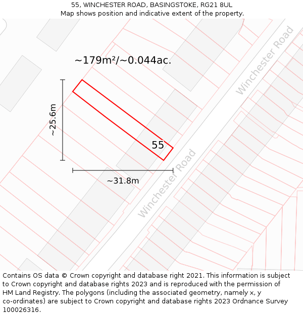 55, WINCHESTER ROAD, BASINGSTOKE, RG21 8UL: Plot and title map