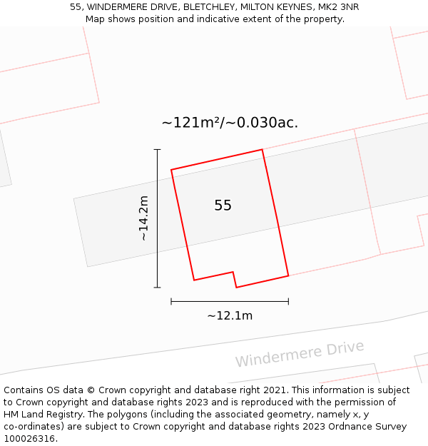 55, WINDERMERE DRIVE, BLETCHLEY, MILTON KEYNES, MK2 3NR: Plot and title map