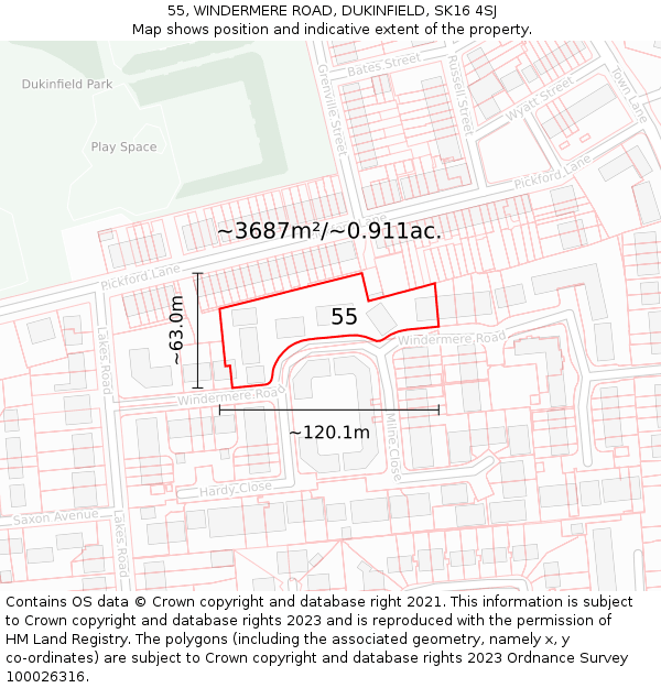 55, WINDERMERE ROAD, DUKINFIELD, SK16 4SJ: Plot and title map