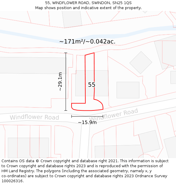 55, WINDFLOWER ROAD, SWINDON, SN25 1QS: Plot and title map