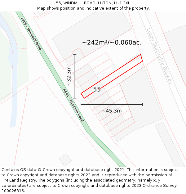 55, WINDMILL ROAD, LUTON, LU1 3XL: Plot and title map