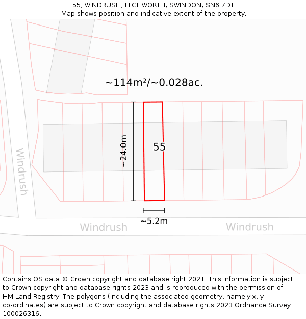 55, WINDRUSH, HIGHWORTH, SWINDON, SN6 7DT: Plot and title map