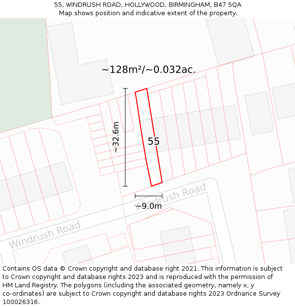 55, WINDRUSH ROAD, HOLLYWOOD, BIRMINGHAM, B47 5QA: Plot and title map