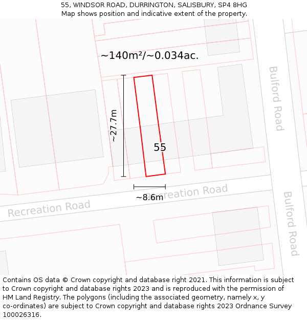 55, WINDSOR ROAD, DURRINGTON, SALISBURY, SP4 8HG: Plot and title map