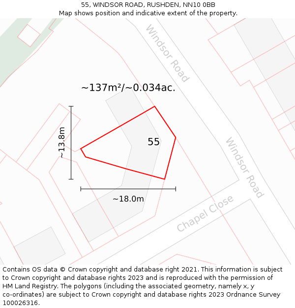 55, WINDSOR ROAD, RUSHDEN, NN10 0BB: Plot and title map