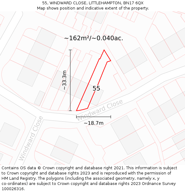 55, WINDWARD CLOSE, LITTLEHAMPTON, BN17 6QX: Plot and title map
