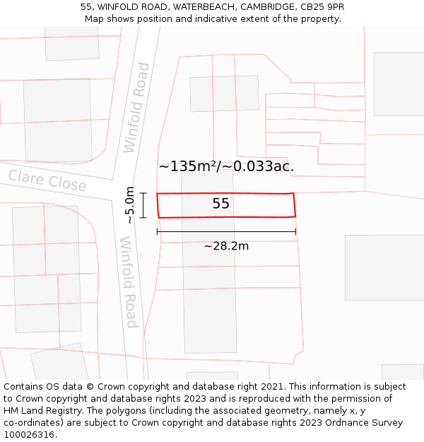 55, WINFOLD ROAD, WATERBEACH, CAMBRIDGE, CB25 9PR: Plot and title map