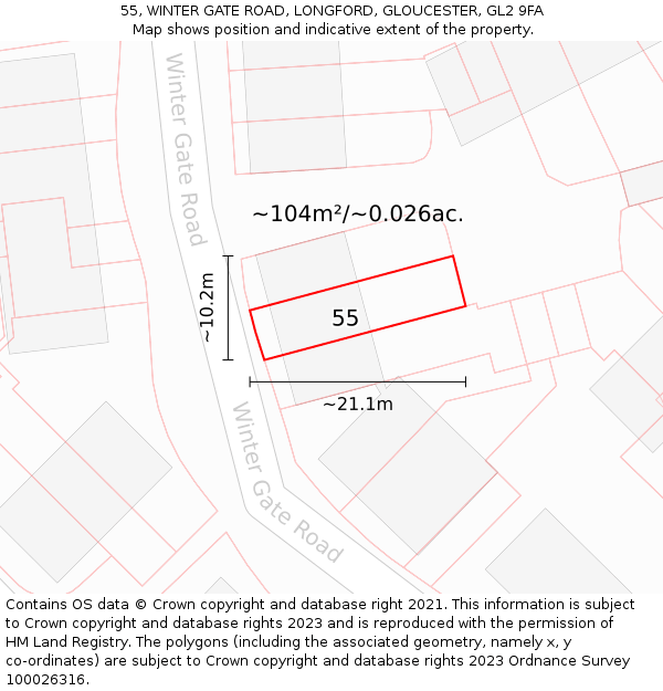 55, WINTER GATE ROAD, LONGFORD, GLOUCESTER, GL2 9FA: Plot and title map