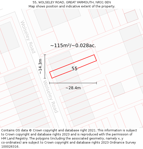 55, WOLSELEY ROAD, GREAT YARMOUTH, NR31 0EN: Plot and title map