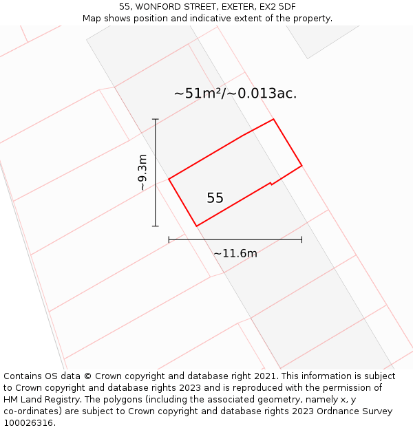 55, WONFORD STREET, EXETER, EX2 5DF: Plot and title map