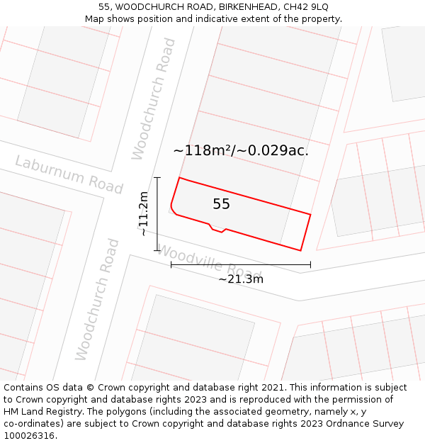 55, WOODCHURCH ROAD, BIRKENHEAD, CH42 9LQ: Plot and title map