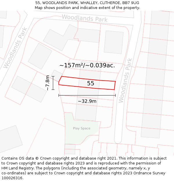 55, WOODLANDS PARK, WHALLEY, CLITHEROE, BB7 9UG: Plot and title map