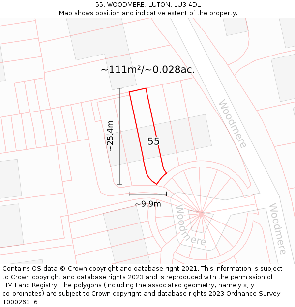 55, WOODMERE, LUTON, LU3 4DL: Plot and title map