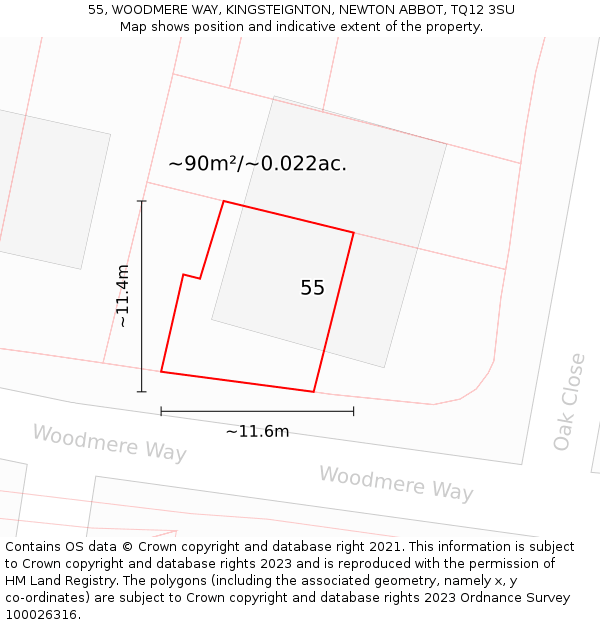 55, WOODMERE WAY, KINGSTEIGNTON, NEWTON ABBOT, TQ12 3SU: Plot and title map