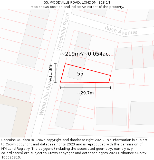 55, WOODVILLE ROAD, LONDON, E18 1JT: Plot and title map