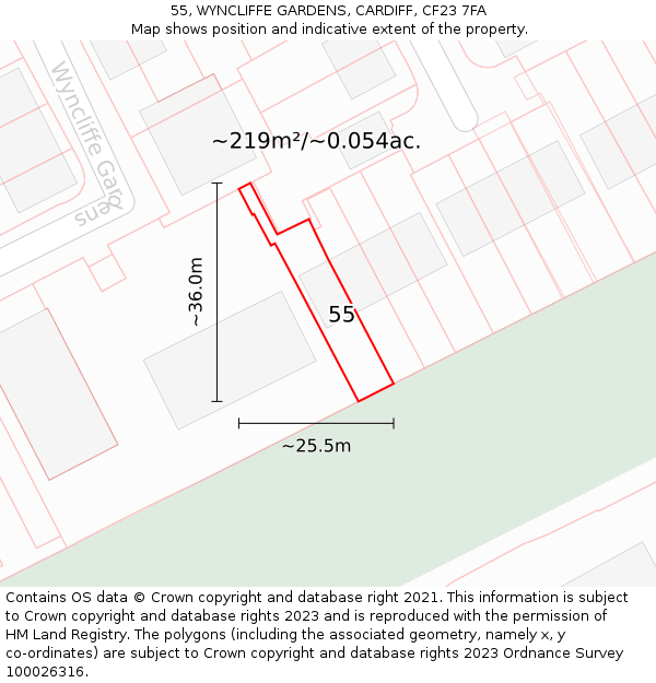 55, WYNCLIFFE GARDENS, CARDIFF, CF23 7FA: Plot and title map