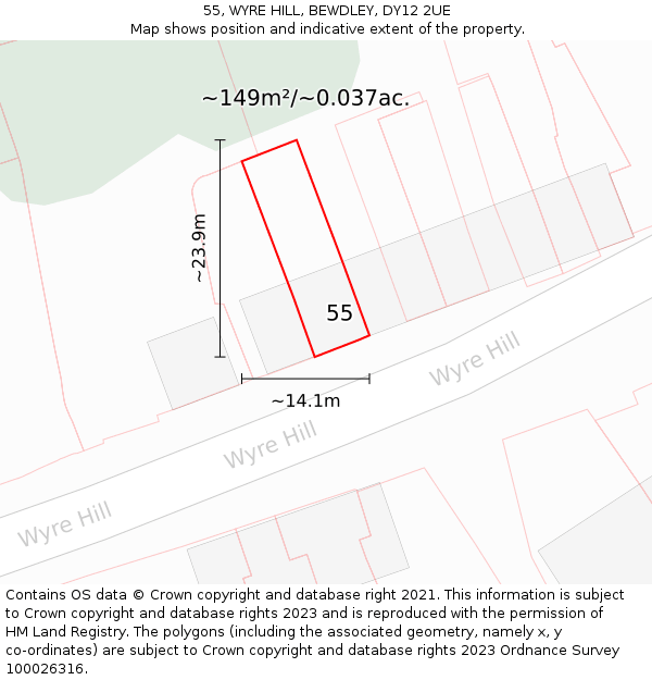 55, WYRE HILL, BEWDLEY, DY12 2UE: Plot and title map