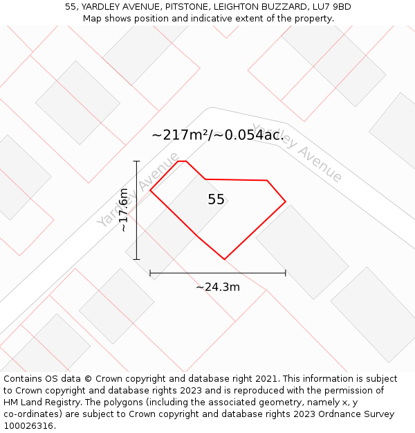 55, YARDLEY AVENUE, PITSTONE, LEIGHTON BUZZARD, LU7 9BD: Plot and title map
