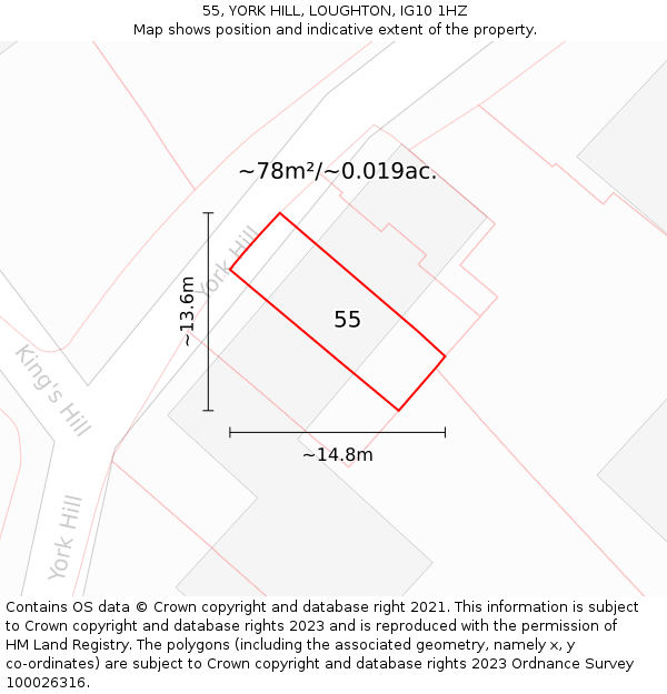 55, YORK HILL, LOUGHTON, IG10 1HZ: Plot and title map