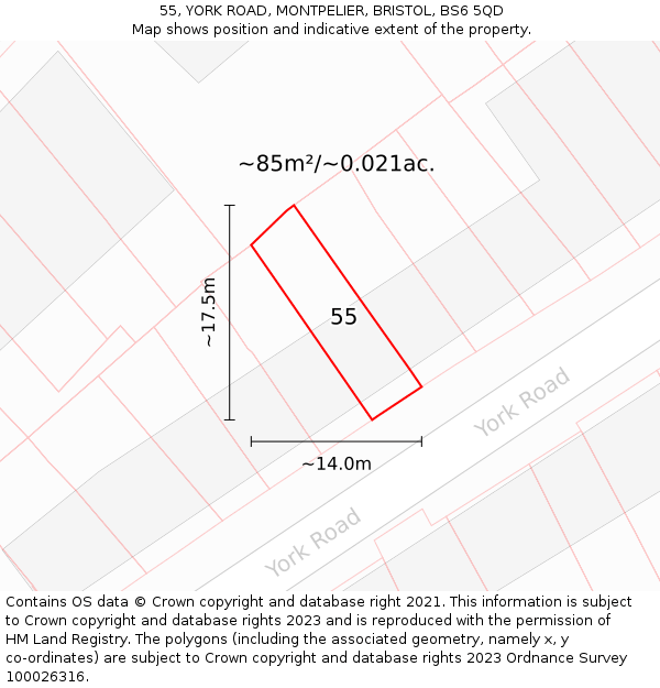 55, YORK ROAD, MONTPELIER, BRISTOL, BS6 5QD: Plot and title map