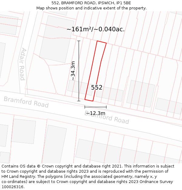 552, BRAMFORD ROAD, IPSWICH, IP1 5BE: Plot and title map