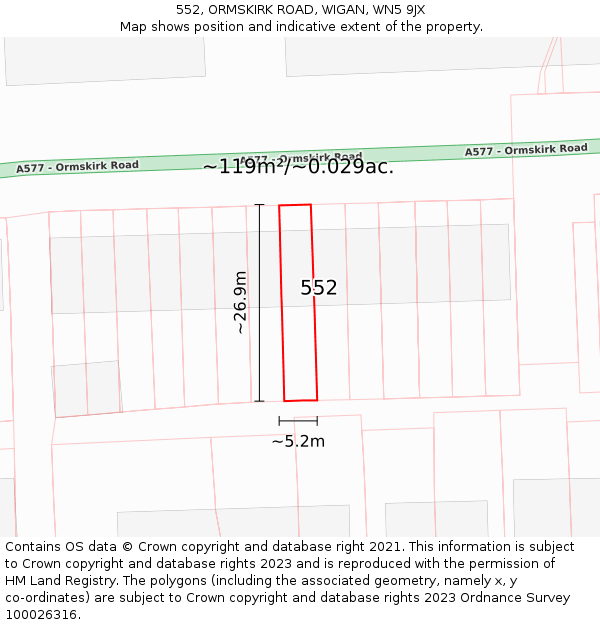 552, ORMSKIRK ROAD, WIGAN, WN5 9JX: Plot and title map