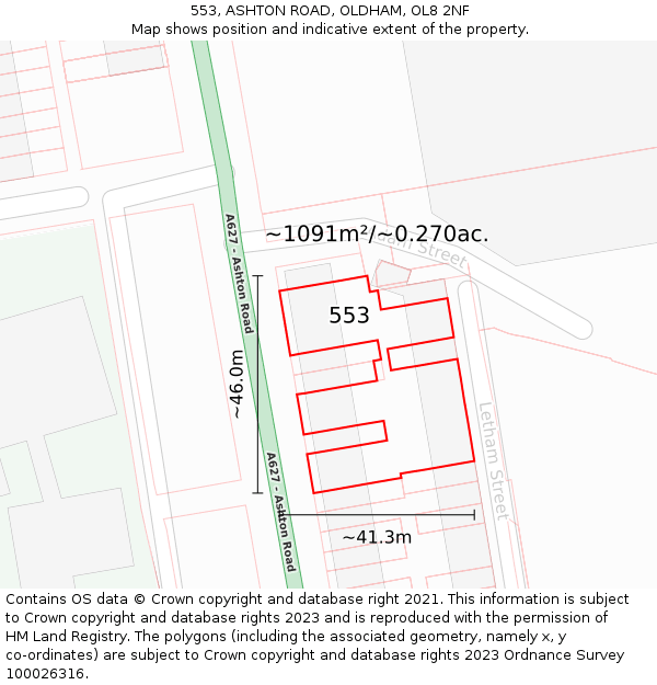 553, ASHTON ROAD, OLDHAM, OL8 2NF: Plot and title map