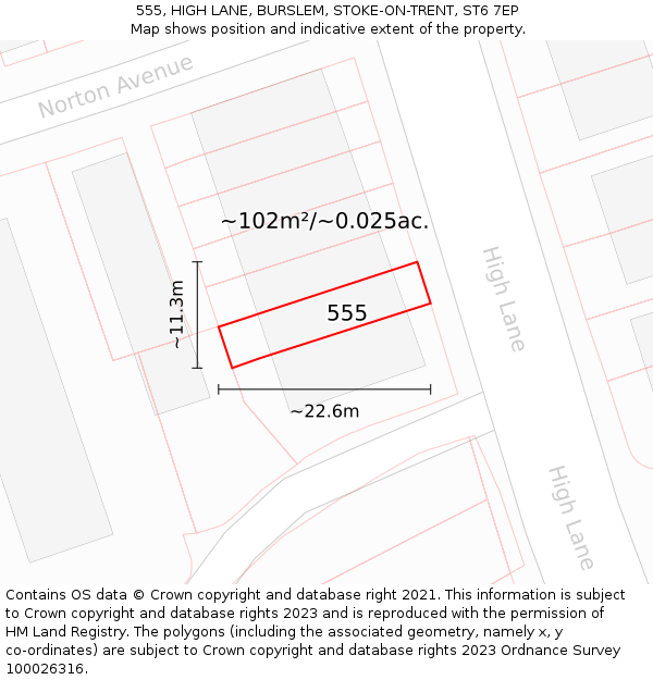 555, HIGH LANE, BURSLEM, STOKE-ON-TRENT, ST6 7EP: Plot and title map