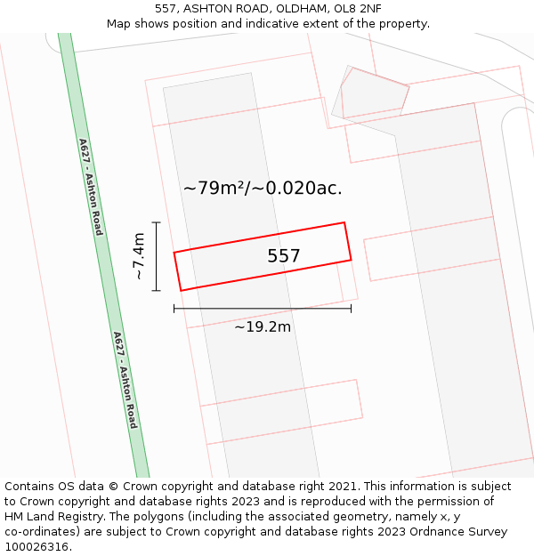 557, ASHTON ROAD, OLDHAM, OL8 2NF: Plot and title map