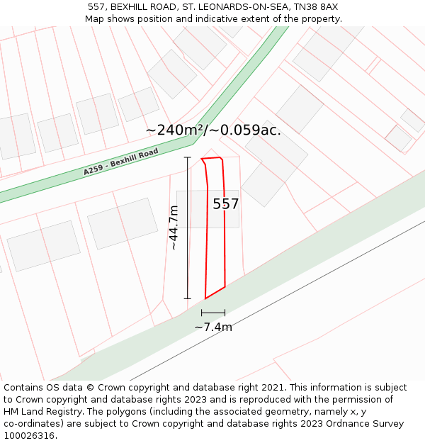 557, BEXHILL ROAD, ST. LEONARDS-ON-SEA, TN38 8AX: Plot and title map