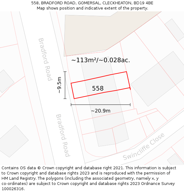 558, BRADFORD ROAD, GOMERSAL, CLECKHEATON, BD19 4BE: Plot and title map