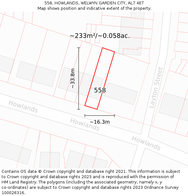 558, HOWLANDS, WELWYN GARDEN CITY, AL7 4ET: Plot and title map