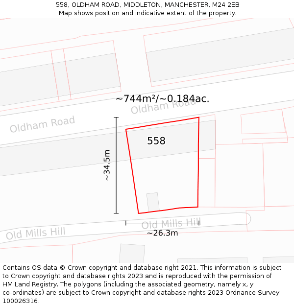 558, OLDHAM ROAD, MIDDLETON, MANCHESTER, M24 2EB: Plot and title map