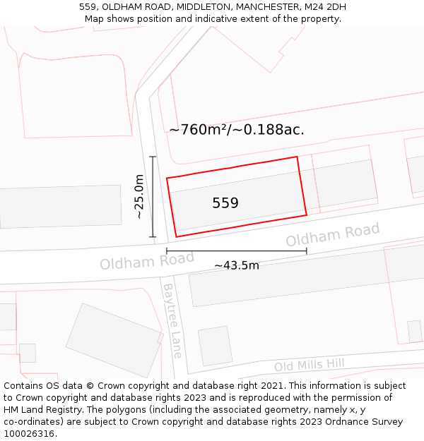 559, OLDHAM ROAD, MIDDLETON, MANCHESTER, M24 2DH: Plot and title map