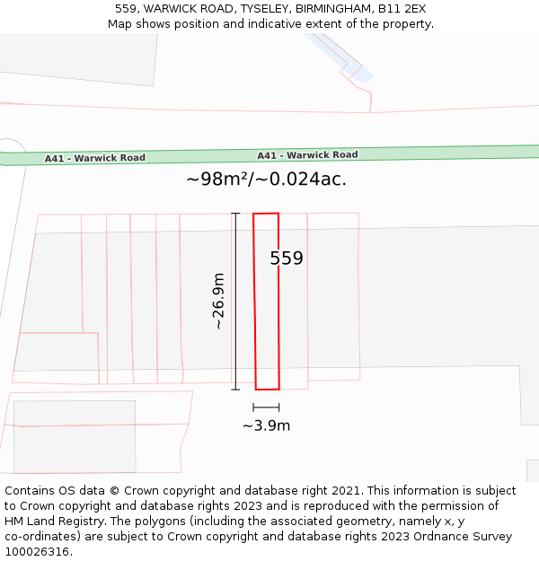 559, WARWICK ROAD, TYSELEY, BIRMINGHAM, B11 2EX: Plot and title map