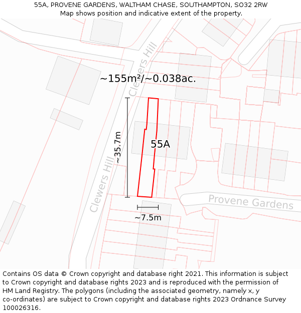 55A, PROVENE GARDENS, WALTHAM CHASE, SOUTHAMPTON, SO32 2RW: Plot and title map