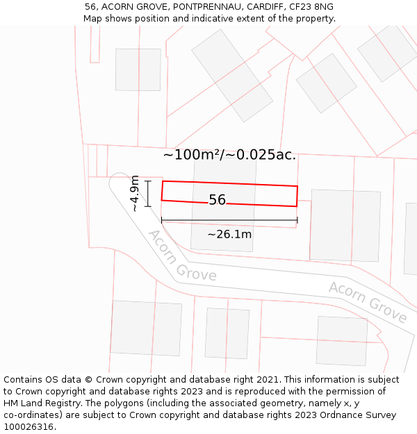 56, ACORN GROVE, PONTPRENNAU, CARDIFF, CF23 8NG: Plot and title map