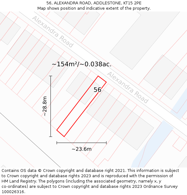 56, ALEXANDRA ROAD, ADDLESTONE, KT15 2PE: Plot and title map