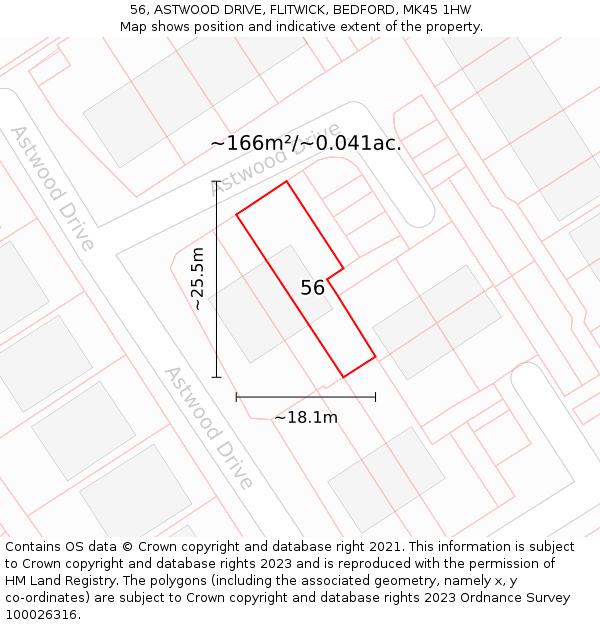 56, ASTWOOD DRIVE, FLITWICK, BEDFORD, MK45 1HW: Plot and title map